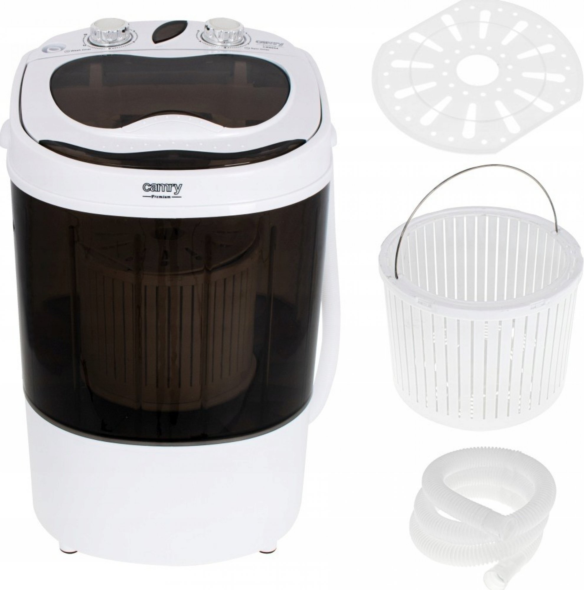 Minipráčka s príslušenstvom – odstreďovací kôš, vypúšťacia hadica Vyobrazenie Minipráčka s príslušenstvom – odstreďovací kôš, vypúšťacia hadica