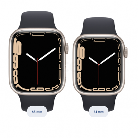 Porovnanie veľkostí Apple Watch S7 Obrázok ukazuje Apple Watch series 7 vo veľkosti 41 a 45 milimetrov