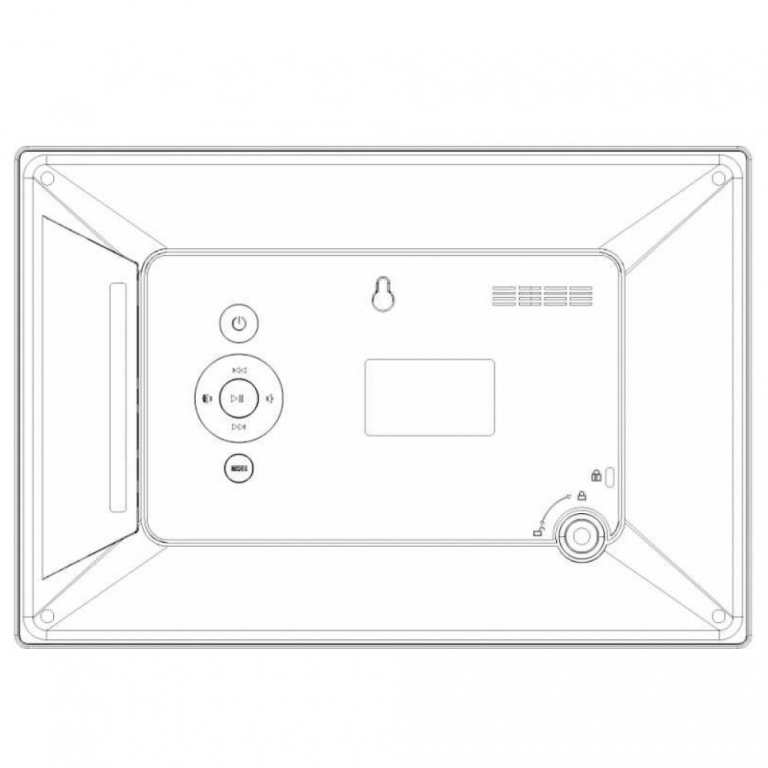 Zadná strana fotorámiku – 
 nachádza sa tu ovládací panel a závesný otvor na zavesenie rámiku na stenu